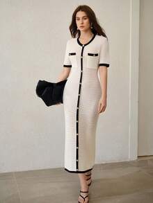 MOTF PREMIUM HOLLOW-OUT KNIT SWEATER DRESS WITH CONTRAST TRIM, SPRING/SUMMER - White - View 7