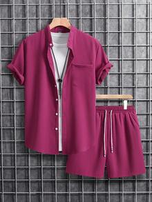 Genlund Setelan Pria Polos Minimalis untuk Pakaian Sehari-hari, Atasan Lengan Pendek dan Celana Pendek 2 Potong, Cocok untuk Liburan - Red Violet - View 4