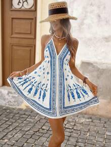 Brillora 女士无袖露背印花迷你连衣裙，适合春夏度假 - 藍色 - 查看 4