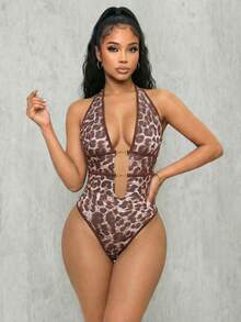 Eryvara Women's Leopard Print Bodysuit With Halter Neck Metal Buckle Hollow-Out Design, Slim Fit - Brown - View 3