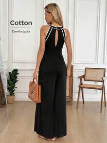 Easowa 撞色滚边圆领露背斜插口袋阔腿连体裤，休闲宽松优雅通勤复古度假风女式连体裤，春夏款 - 黑色 - 查看 8