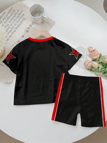 SHEIN Bộ 2 món dành cho bé gái, phong cách thường ngày thanh lịch, cổ điển, thể thao bóng chày, in số 88, chữ "Chicago" kiểu Gothic, áo thun cổ tròn tay ngắn họa tiết ngôi sao và quần short thể thao đạp xe, thích hợp cho mùa hè. - Nhiều màu - Xem 4