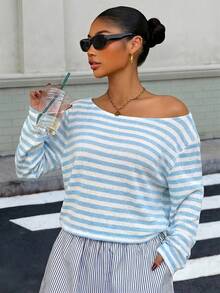 Muchica Kaos Crop Top Lengan Panjang Bahu Asimetris Longgar Bergaris Model Baru untuk Wanita Musim Semi/Panas - Biru - View 3
