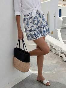 Pantalones cortos casuales con diseño de lazo en la cintura y estampado, adecuados para primavera y verano - Azul y blanco - Ver 6