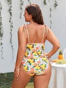 Swim Mod 2026 Nuevo mono de verano con estampado de limón y atar al cuello para mujer de talla grande, con vibra playera para vacaciones en la playa, atuendo de fiesta, vestido elegante para dama, traje de baño de resort para mujer - Multicolor - Ver 2