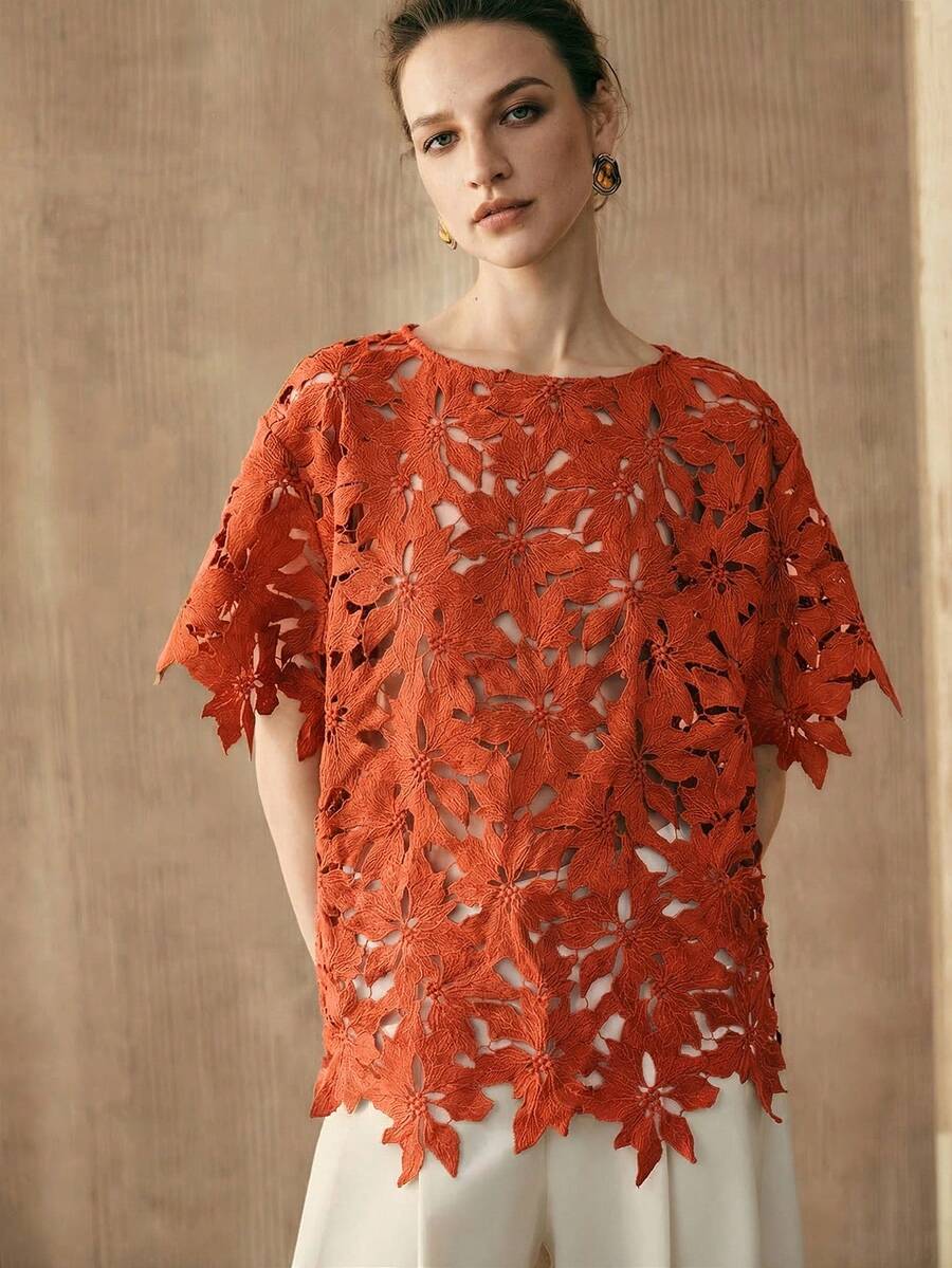 Arave Áo thun nữ thêu họa tiết, thanh lịch, thường ngày, cổ tròn, tay ngắn. - trái cam - Xem 1