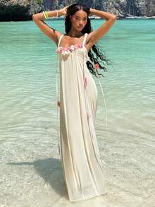 Mima John Women Elegant 3D Floral Decor Slip Dress, Summer Summer Summer Outfits Summer Clothes Beach Outfits For Woman  Beach Vacation Vacation Outfits Woman Boho  Tropical Vacation Woman Clothe Tropical Vacation Woman Clothe Wedding Anniversary Bridesmaid Party Date Sexy Wedding Guest Dress Women Bridal Shower Dress White  Elegant Modest Graduation Outfit Graduation Dress Graduation Dresses For Women   White Graduation Dress  Fairy Goddess Romantic Date Dress With Rainbow Multi-Color Three-Dimensional Flower Decoration On The Ches Tea Party Dress  Birthday Dresses For Women Butter Yellow,Boho Clothes Women - Apricot - View 5