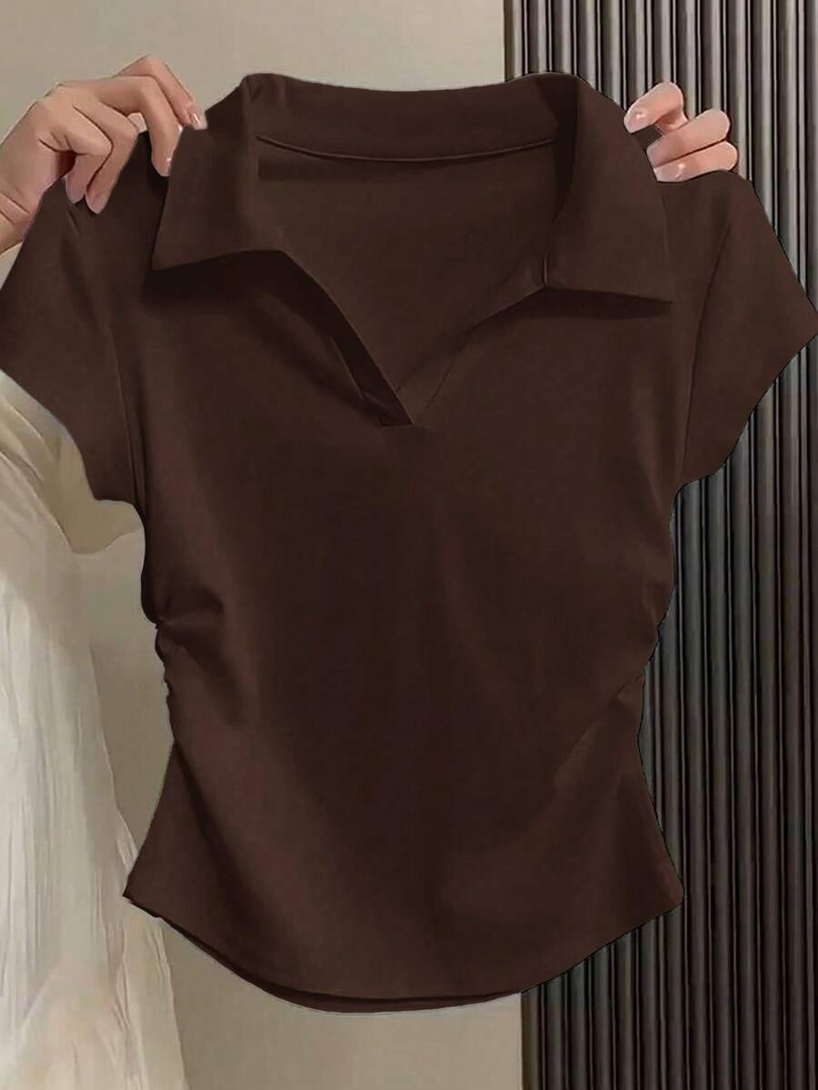 SHEIN PETITE Women's Solid Color Collared Short Sleeve Pleated Slim Casual T-Shirt,Summer Top - Brown - View 1