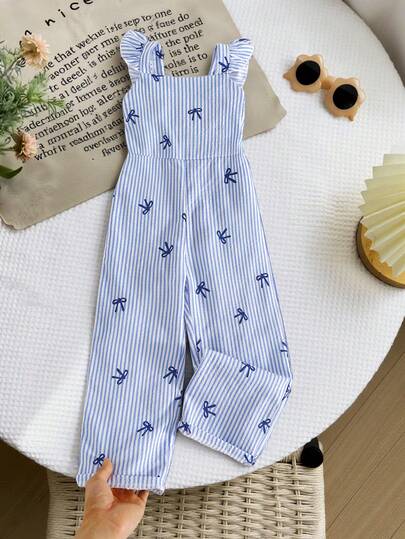 SHEIN Girls' Textured Vertical Striped Bow Print Jumpsuit With Ruffle Hem Design, Casual & Cute For Girls, Spring/Summer