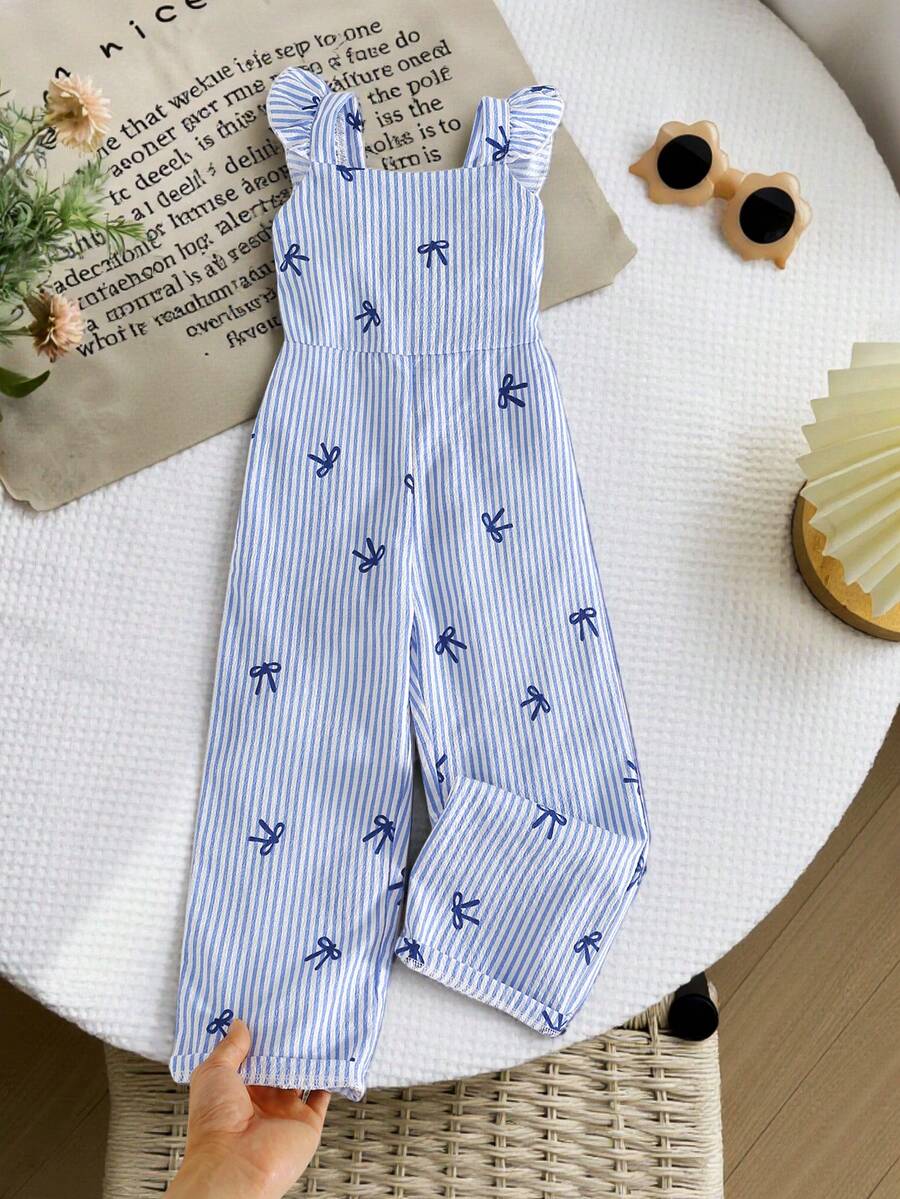 SHEIN Bộ áo liền quần cho bé gái họa tiết sọc dọc, có nơ và viền bèo nhún, kiểu dáng giản dị và dễ thương, thích hợp cho mùa xuân/hè. - Màu xanh lam - Xem 1