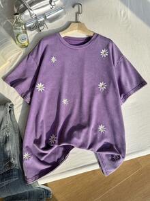 SHEIN EZwear 大码女式休闲花卉刺绣短袖T恤，夏季 - 淡紫色 - 查看 6