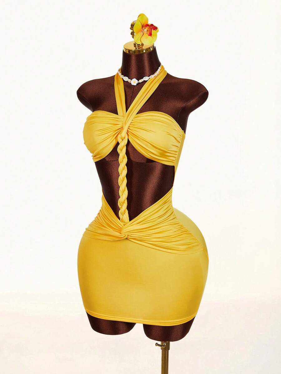 Amplova 女士度假沙滩扭结镂空露背吊带迷你连衣裙 - 淡黃色 - 查看 1