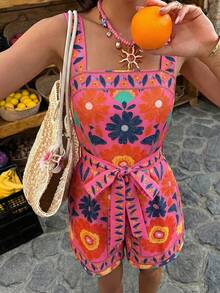 SHEIN LUNE Women's Short Printed Jumpsuit For Vacation, Spring/Summer - Multicolor - View 5