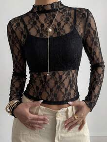 FRIFUL Women's Fashionable Sexy Sheer Lace Collar Fitted Blouse Spring Long Sleeve Tops Women - Black - View 8