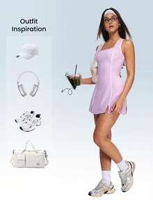 SHEIN Sovereign Charm Women's Lilac Purple Tennis Dress,Summer Casual Sleeveless Athletic Dress,White Contrast Piping,Square Neck,Crossover Back,Gym Workout Golf Dress - Purple - View 7