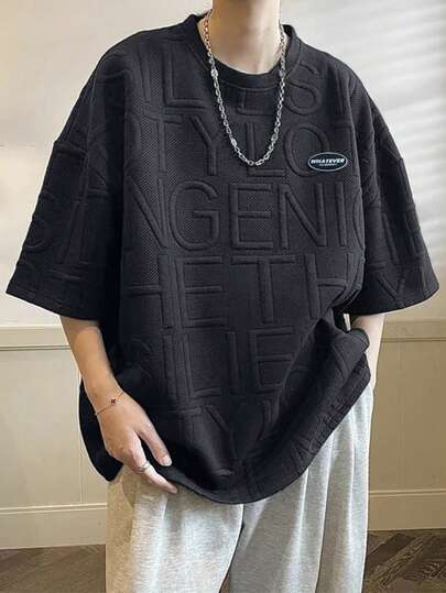 Manfinity Homme Camiseta de manga corta con estampado floral y de letras para hombres de talla grande, adecuada para uso diario, vacaciones, regalo para esposo/novio