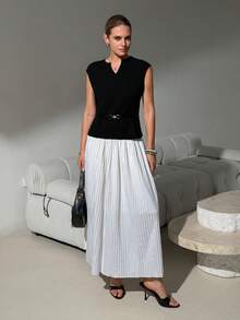 Lavishia Women's Simple Notch Collar Top And Pleated Skirt 2 Pieces Set, Summer, Summer Outfit For Women - Black and White - View 3