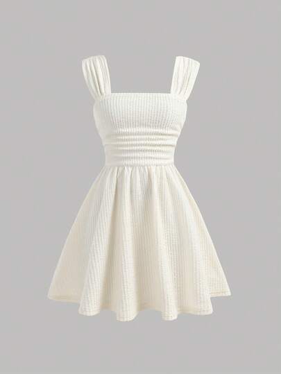 Girlism Teen Girls Casual Elegant Vacation Dress, White Knit Textured Shoulder & Bust Ruched A-Line Cami Mini Dress, Navy Blue, Graceful