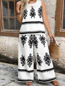 Breezaya 大码女式斑马纹复古建筑印花无袖休闲度假两件套 - 彩色 - 查看 1