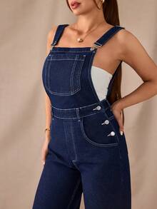 SHEIN Raw Dark Blue Washed Denim Woman's Casual Style Overall Button Detail - Dark Wash - View 6