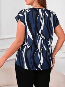 SHEIN Clasi Plus Size Women Geometric Print Short Sleeve Shirt - Navy Blue - View 2