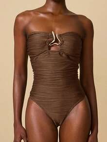 SHEIN Swim Chicsea Áo liền thân nữ chất liệu đặc biệt, vải dệt họa tiết, tinh tế, thanh lịch, bất đối xứng, phụ kiện kim loại, họa tiết sọc lượn sóng. - Cà phê nâu - Xem 4