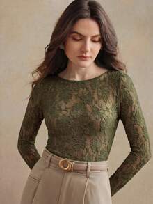 Anewsta Camiseta de mujer de manga larga, elegante, de unicolor y con abertura elástica - Verde militar - Ver 3