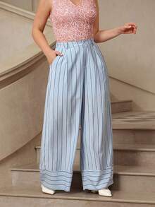 VOLUPTÉ CURVE Pantalon ample grande taille printemps/été, seulement pantalon décontracté minimaliste à rayures verticales bleu clair taille haute ample patchwork, convient pour le travail et le port quotidien - Bleu azur - Voir 5