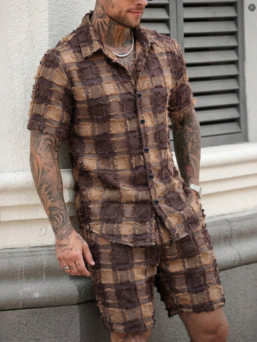 Manfinity Homme Men's Plaid Short Sleeve Shirt And Shorts Set - Multicolor - View 1