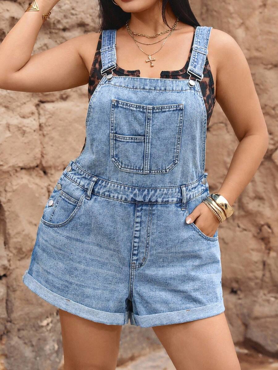SHEIN Unity Bộ jumpsuit denim dáng rộng, đa năng, có túi, dành cho nữ cỡ lớn, phong cách Y2K, thích hợp mặc hàng ngày. - Rửa nhẹ - Xem 1