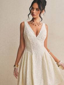 Poéselle Đầm ngắn không tay cổ chữ V họa tiết jacquard thanh lịch dành cho nữ - Màu be - Xem 9