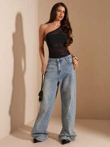 SHEIN BAE Áo liền thân không tay màu đen thanh lịch gợi cảm phối lưới, áo liền thân dệt kim ôm sát họa tiết hình học, áo liền thân xuyên thấu màu đen gợi cảm thanh lịch dành cho nữ mùa xuân/hè. - màu đen - Xem 3