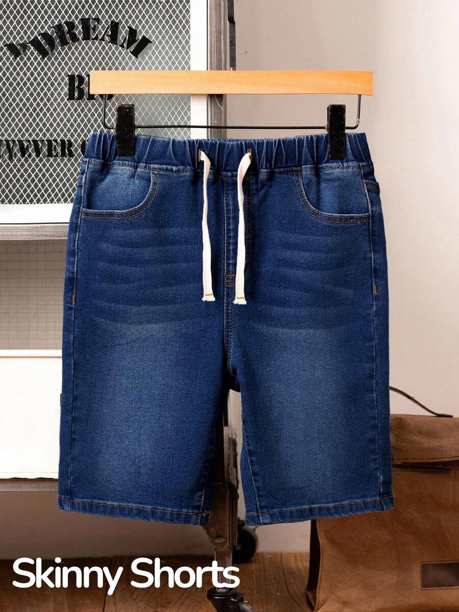 SHEIN Pantalones cortos vaqueros casuales con cintura con cordón y bolsillos para adolescentes - Azul lavado oscuro - Ver 1