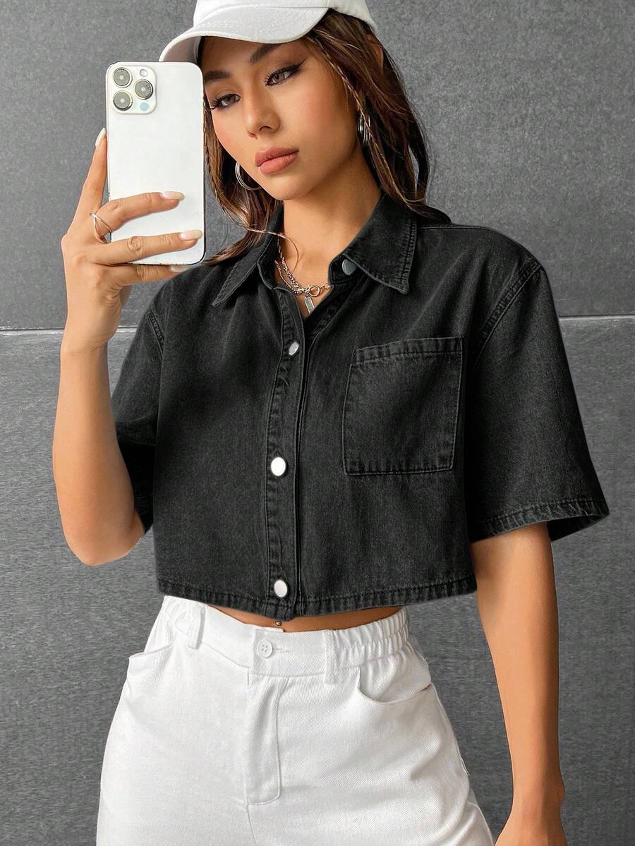 SHEIN EZwear 女士短袖单排扣休闲口袋牛仔衬衫 - 黑色 - 查看 1