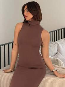 IamThia 极简主义办公室休闲高领无袖修身合身 H 型下摆超长女式毛衣连衣裙，灰色 - 咖啡棕 - 查看 3