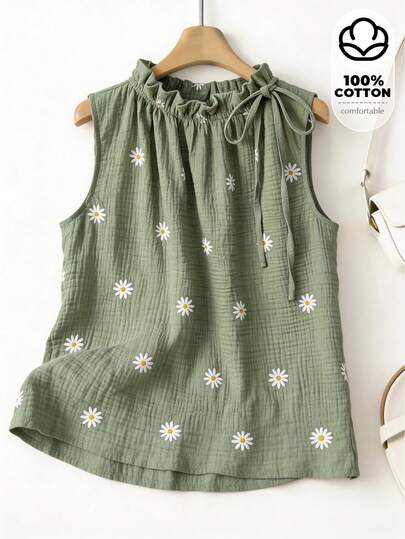 Franclia 女士雏菊印花抽绳无袖上衣，春夏度假时尚之选