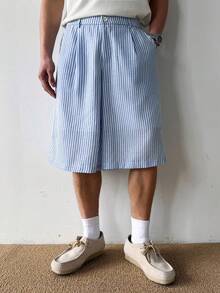 PAVTROS Men's Casual Striped Elastic Waist Bermuda Shorts, Light And Comfortable, Pleats Design, Spring/Summer Baby Blue Shorts Men Loose Shorts - Blue and White - View 4