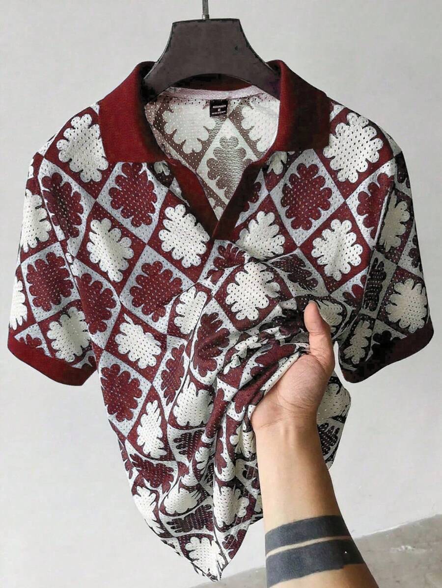 Manfinity Homme Men's All-Over Print Casual Versatile Commuting Short Sleeve Polo Shirt - Burgundy - View 1