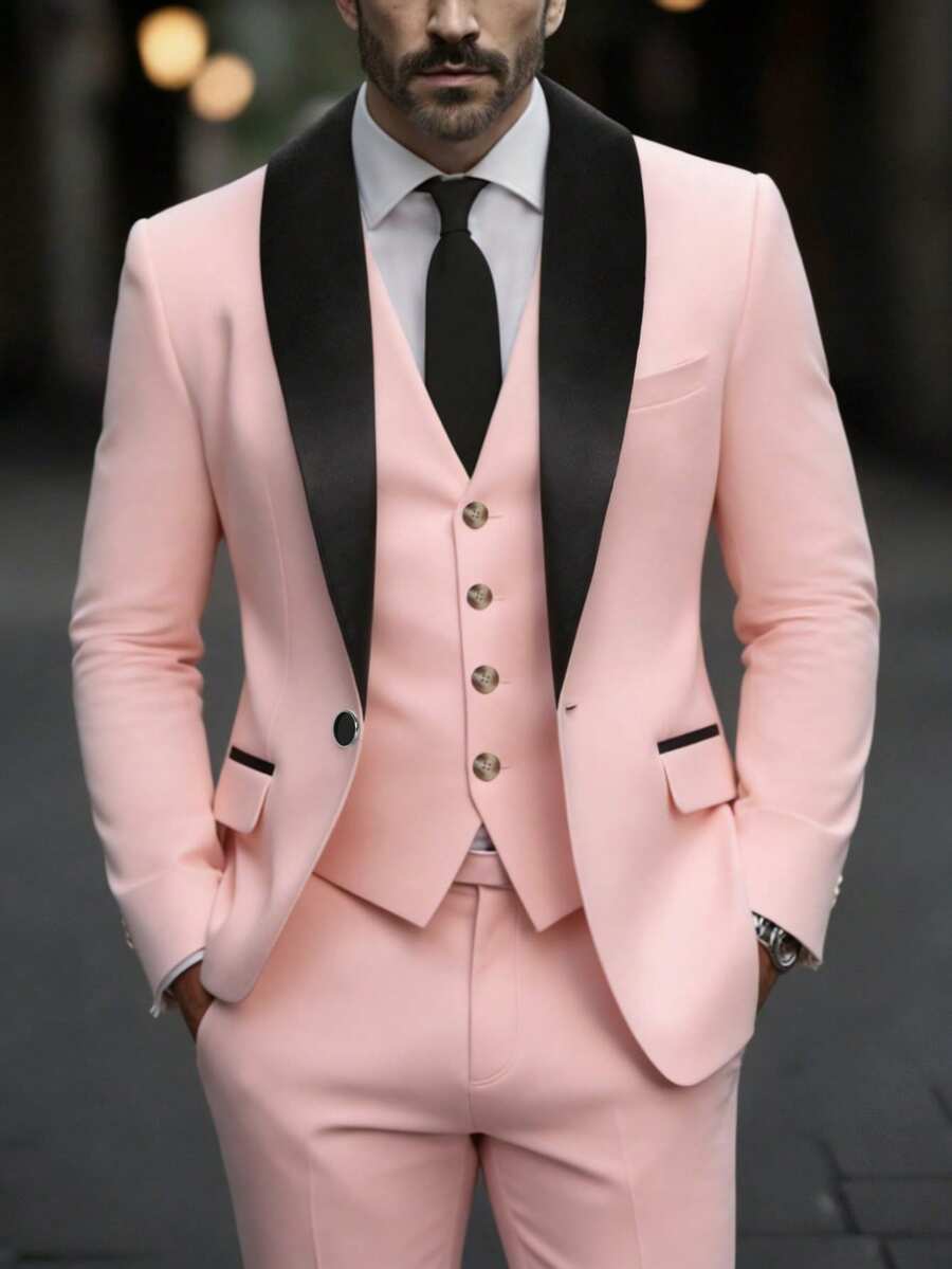 Manfinity Mode Men's Contrast Color Single-Breasted Long Sleeve Suit Blazer And Solid Color Suit Pants Set, Formal - Baby Pink - View 1