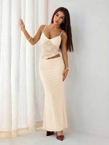 SHEIN PETITE 夏季海滩度假蕾丝性感透视吊带长裙，适合日常约会、夜间外出、夜店、派对等场合。 - 杏色 - 查看 3