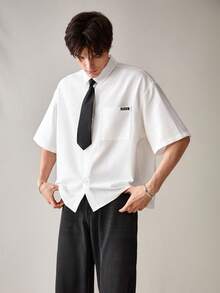 AXEPEAK Camisa Casual Tecida Masculina com Gravata, Camisa Branca de Trabalho com Botões, Manga Curta Folgada e Gola Simples, Presente para Namorado, Itens para Casais - Branco - Visão 4