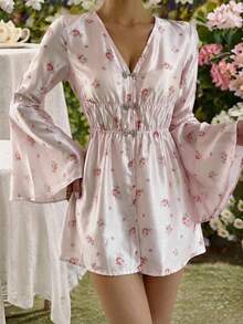 DAZY Spring & Summer Ditsy Floral Chiffon Blouse, Elegant Slim Fit Casual Vacation Commute Flare Sleeve Ruffle Hem Long Sleeve Shirt For Women Boho - Pink - View 6
