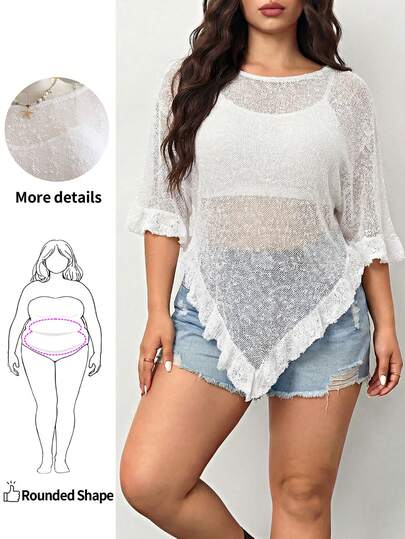 Enliva Plus Size Women's Green Ruffled Hem Semi-Sheer Casual Crochet Poncho, Suitable For Summer Outings And Dates Beach Top Women Knit Tops