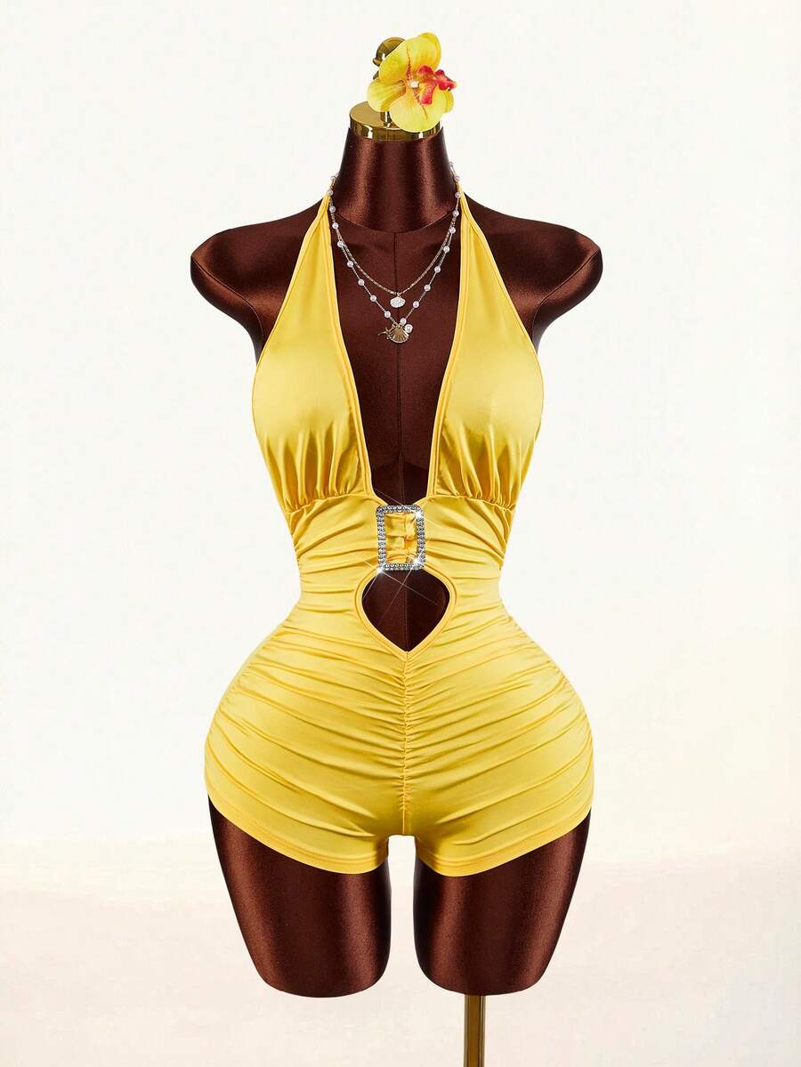 Amplova Bộ jumpsuit nữ gợi cảm cổ chữ V sâu mới năm 2026 - Màu vàng - Xem 1