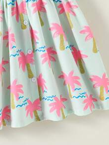 SHEIN Casuvi Kids Đầm yếm cổ yếm màu xanh bạc hà in hình cây dừa hoạt hình cho bé gái, kiểu dáng thời trang ngọt ngào không tay dáng chữ A, thích hợp cho hoạt động ngoài trời, đi biển, mặc hàng ngày và mùa hè. - Nhiều màu - Xem 7