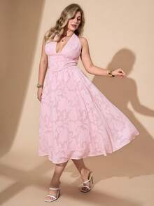Hourglow Plus Size Halter Top & Textured Pattern Skirt 2 Pieces Set, For Hourglass Body Shape/2026 /New Year - Pink - View 5