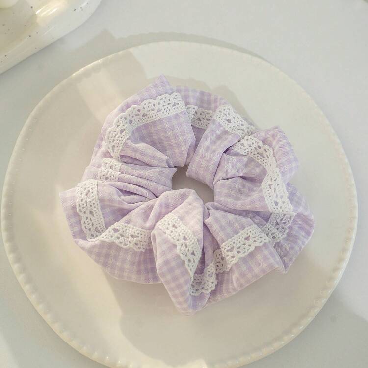 一款可爱的格子发饰，法式乡村甜美风格大肠发带蕾丝花朵浴室发饰，适合日常装饰和节日礼物 - 多色 - 查看 8