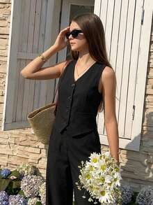 SHEIN Bộ 2 áo và quần họa tiết da báo Mỹ cổ điển cho bé gái tuổi teen - màu đen - Xem 10