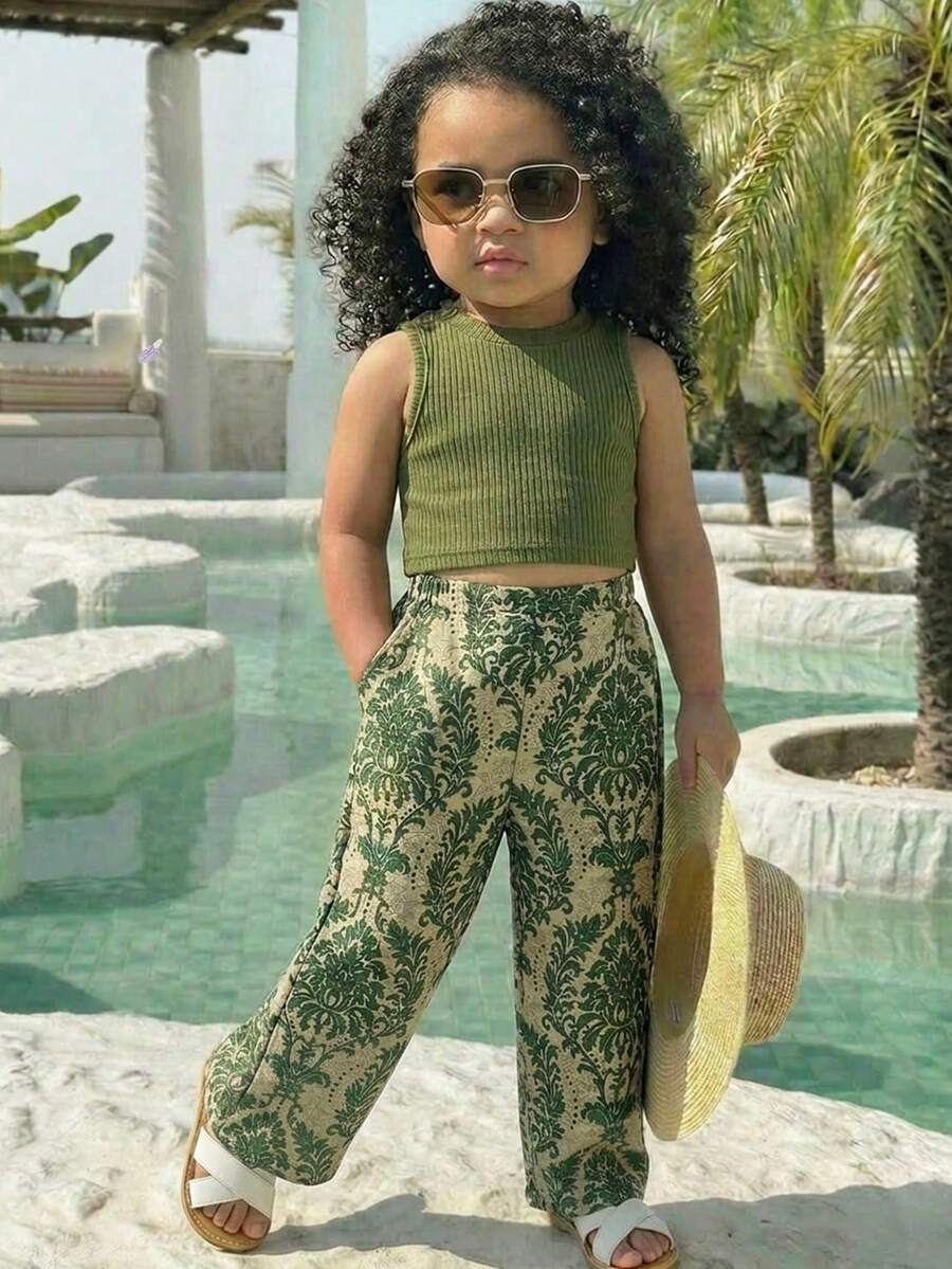 SHEIN 2pcs Baby Girl Summer Cute Vacation Knit Green Vest & Floral Print Pants Set - Multicolor - View 1