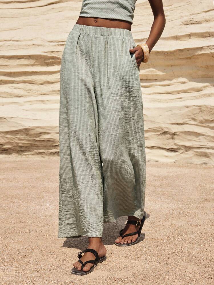 SHEIN Maija Women's Striped Elastic Waist Pants, Summer Clothes , Summer Outfit For Women , Spring Pant, Spring Outfit, Spring Clothes Women , Beach Pant , Beach Outfit For Women , Casual Dress For Women, Holiday, Vacation , Summer Holiday Outfits, Vacation Pant Boho Pants For Women Wide Legs Pants For Women